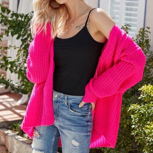 Womens Neon Cardigan Autumn Winter Females Open Stitch Loose Long Knitted Sweater