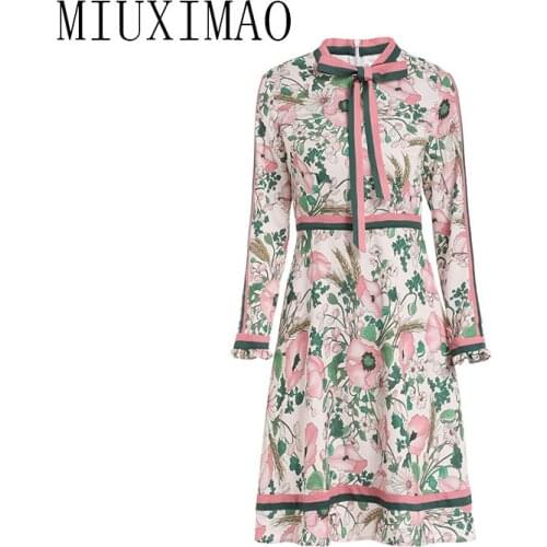 High Quality 2019 Spring Newest Casual Dress O-Neck Full Sleeve Lotus And Lotus Leaves Print Mid-Calf Elegant Long Dress Women