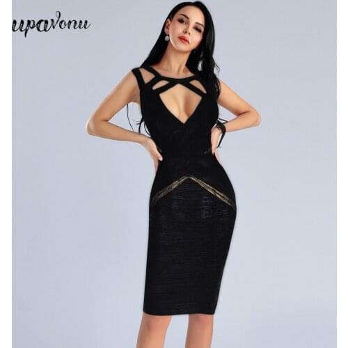 Free Shipping 2021 New Womens Black Bandage Dress Sexy V-neck Sleeveless Cross Hollow Bodycon Dress Celebrity Club Party Dress