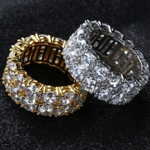 Gold Plate Silver Bling Tennis Ring Personalized 2 Rows Iced Out Bling CZ Tennis Rings Hiphop Rapper DJ Finger Accessories