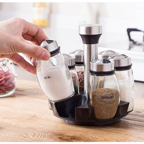 1 Set Glass Condiment Spice Jars Pepper Salt Shakers Seasoning Box Kitchen Rotating Seasoning Bottle