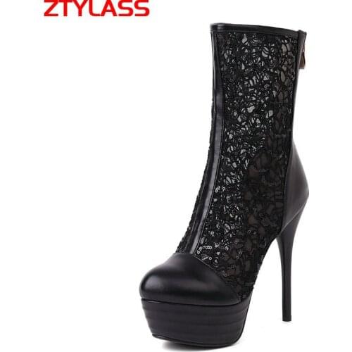 Black Apricot White Platform Thin High Heel Women Ankle Boots Mesh PU Leather Women Summer Boots Fashion Party Womens Shoes