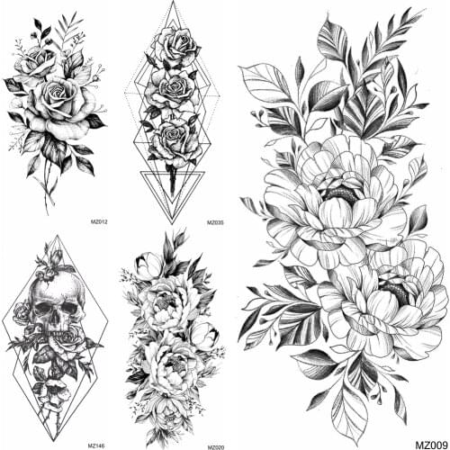 Black Flower Temporary Tattoos Fake Geometric Death Skull Rose Tatoos Waterproof Fashion Body Art Chest Arm Tatoos For Women Men