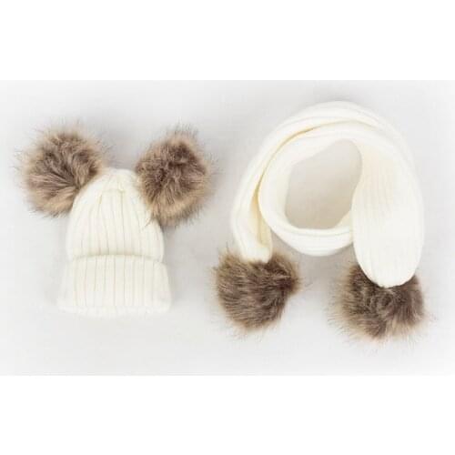 KENSHELLEY Autumn And Winter New Boys And Girls Baby Comfortable Skin Close Wool Ball Knitted Hat PomPom Scarf Multi Piece Set