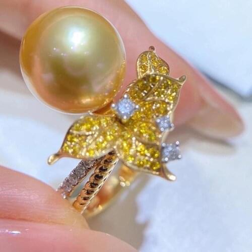 M1120 925 Sterling Silver Round 10-11mm Fresh Water Golden Pearls Rings for Women Fine Presents