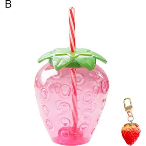 Summer Cartoon Strawberry Straw Cup Water Bottle Lovely Girl Milk Coffee Tea Cup Portable Plastic Students Water Cup Kids Gift