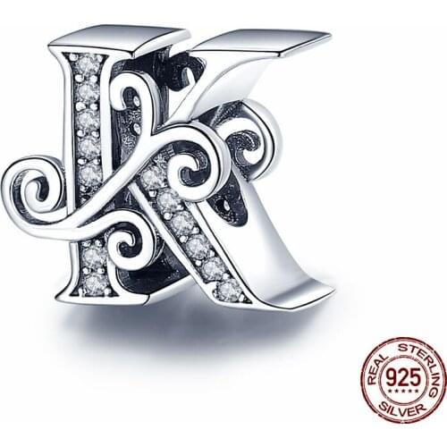 Pandach 100% 925 Sterling Silver Name Letter Alphabet K Charm Bead Fit Original Bracelets Pendant Jewelry Gift C030-k