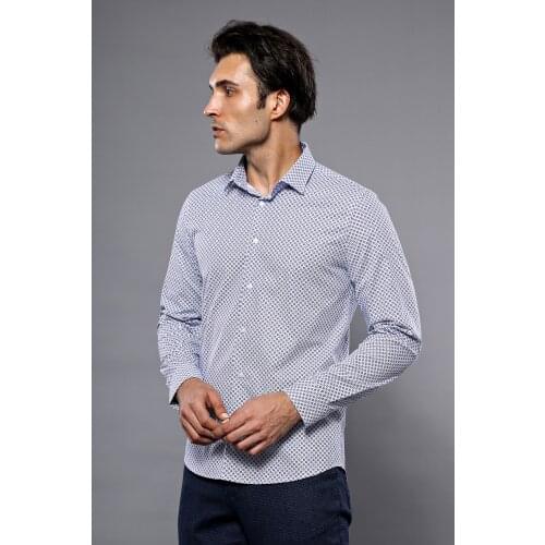 Dot Patterned Long Sleeves Slim-Fit Navy Shirt
