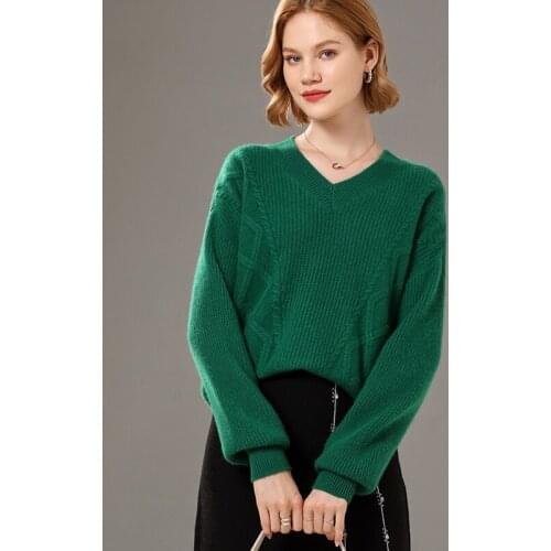 Womens pullover 2021 winter new 100% wool sweater loose casual solid color cashmere sweater V-neck knitwear ladies tops thick