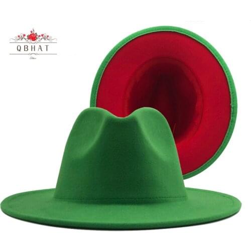 QBHAT Women Men Faux Wool Christmas Patchwork Fedora Hat Gentleman Elegant Lady Winter Green Jazz Felt Church Hat Panama Cap