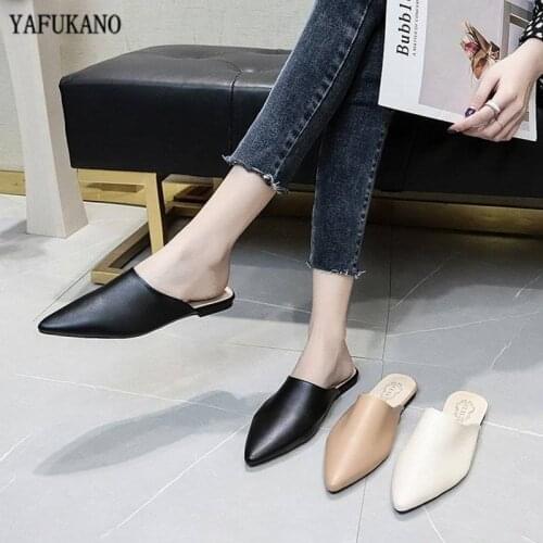 2020 Women Slipper Fashion Mules For Women PU Leather Pointed Toe Slip On Flip Flops Summer Sandals Womens Shoes