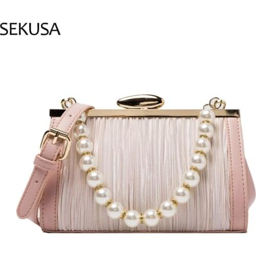 Ruched Fashion Lady Evening Bags Pearl Diamonds Chain Handbags PU Ladies 2021 New Design Holder Wedding Messenger