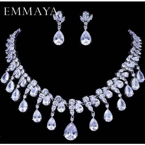 EMMAYA Water Drop White Cubic Zirconia CZ Silver Color Jewelry Sets For Women Fashion Bridal Earrings Pendant Necklace