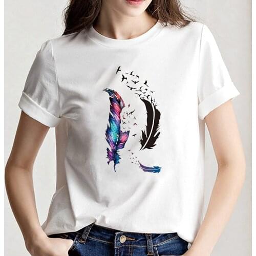Feather Print Funny Women T-shirt Short Sleeve O-Neck Vintage Oversized Graphic Tee Shirt Femme Summer Clothes Harajuku Shirt
