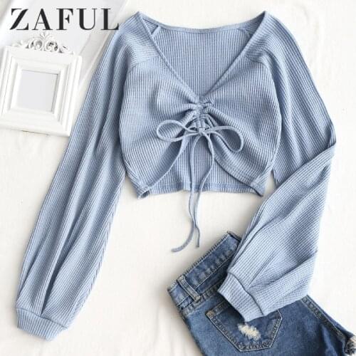 ZAFUL 2020 New Short Cover ups Women Gathered Textured Knitted Top Cropped Knitting V Neck Top Cover ups Beach Solid Cover Up