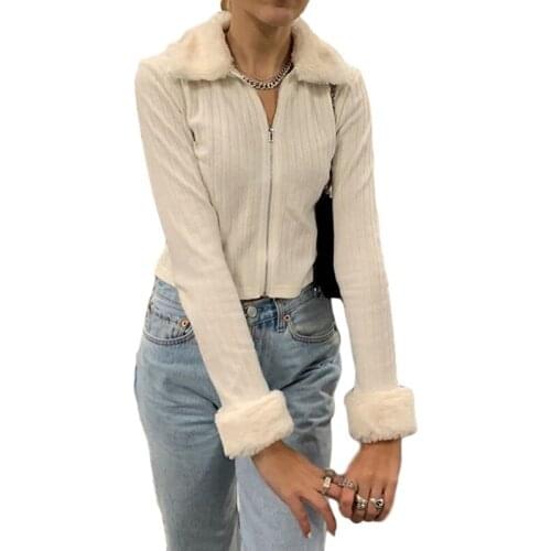 Womens Coats Lapel Fur Collar Solid Color Thread Pit Striped Short Zipper Knit Jacket for Female