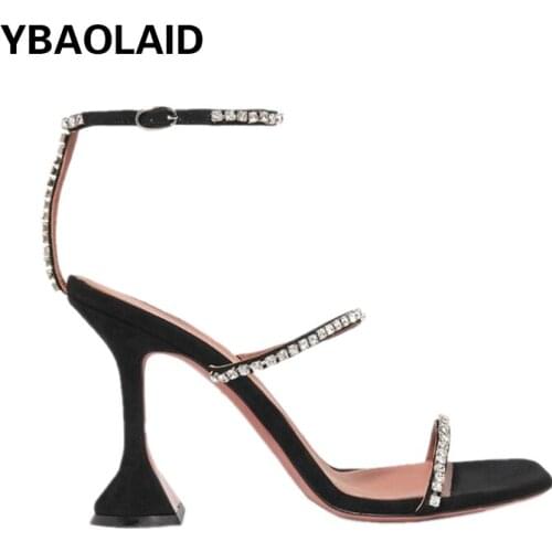 One Word Buckle Open Toe Rhinestone Chain Sandals Women 2021 New Leather Solid Color Back Strap Stiletto High Heel Roman Sandals