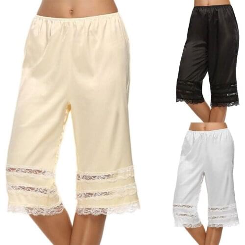 Womens Lace Edge Sleep Bottoms Culotte Slip Inseam Half Slip Pants Anti-Static Short Soft Pettipants Sleepwaer Pajama Pants