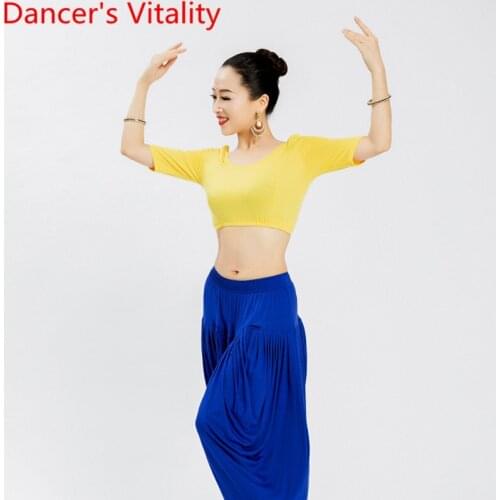 Women Indian Dance Cotton Slim Fit Stretch Round Neck Top Belly Oriental Dancing Practice Training Clothes Sexy Cropped Top