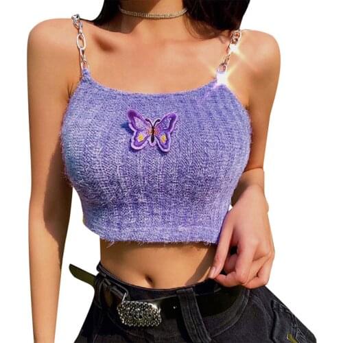 Female Butterfly Embroidery Knitted Sleeveless Camisole Womens Sexy Solid Skinny Tops Slim Bottoming Short Vests Purplr (S/M/L)