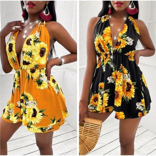 Women Summer Dress, Sunflower Print Tied Straps Deep V-Neck Backless A-Line Skirt for Girls, Black/Yellow