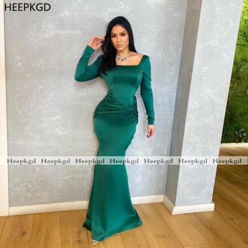 2021 Elegant Mermaid Green Evening Dress Long Sleeves Pleats Satin Floor Length Women Formal Gowns For Evening Party