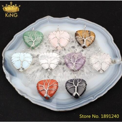 5pcs Natural Amethysts Roses Quartz Stone Tree of Life Pendant Findings,Silvery Gemstones Heart Charms Earrings Necklace Making