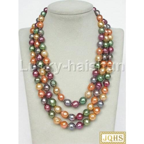 JQHS AAA long Baroque 50" 11mm Multicolor Reborn keshi pearls necklace 18KGP clasp j13240