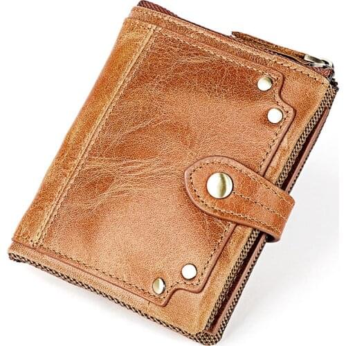 Genuine Leather Wallet Mens Short Coin Purse Vintage Brand RFID BLOCKING Card Holder Natural Cowhide Wallets Mens Gift