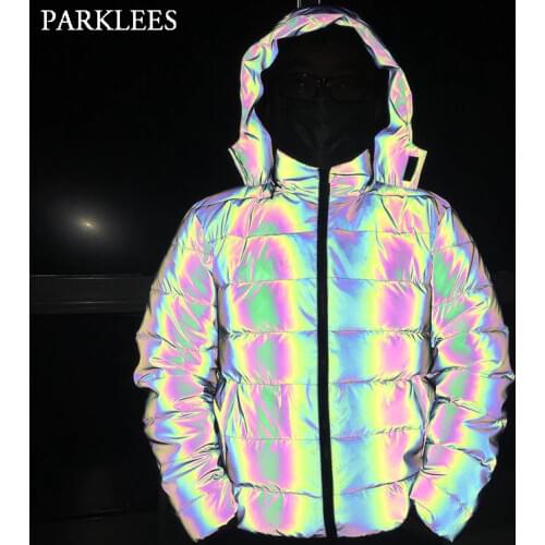 Winter Jacket Mens Colorful Reflective Men Winter Jacket Fashion Hip Hop Winter Coat Men Hoodie Jackets with Pant Men Streetwear