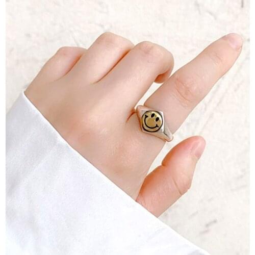 Foxanry INS Fashion 925 Sterling Silver Smiley Face Rings for Women Creative Simple Rhombus Geometric Party Jewelry Gifts