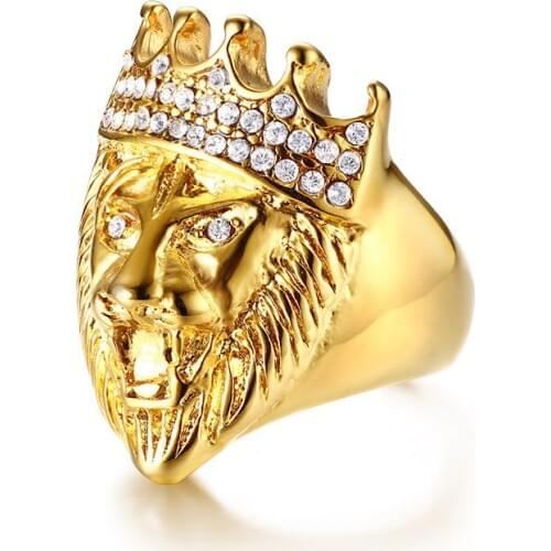 Beichong High Polished Micro Pave Rhinestone Iced Out Bling Lion Head Mens Ring Gold Filled Stainless Steel Rings for Men