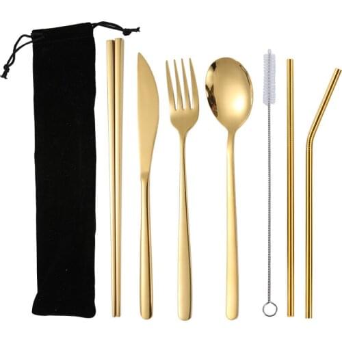 Stainless Steel Tableware Set Straws Tableware Set Bento Box Tableware Easy To Carry with Bag Cutlery Fork Spoon Chopsticks Sets