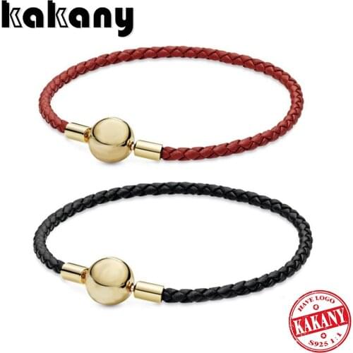 Kakany 2020 S925 Sterling Silver Fashion Couple Black Red Single Layer Leather Bracelet DIY Gift Jewelry Factory Direct Sale