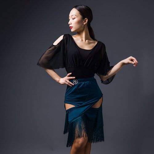 Latin Dance Clothes Black Mesh Tops Slit Fringe Skirts For Women Salsa Dance Costume Adult Ballroon Dancing Dresses DNV14176