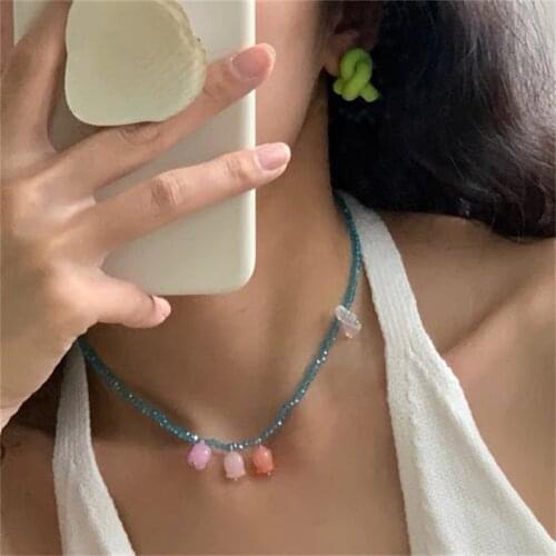 2021 New Korean Cute Colorful Crystal Butterfly Flower Pendant Beaded Clavicle chain Necklace for Women Girls Aesthetic Jewelry