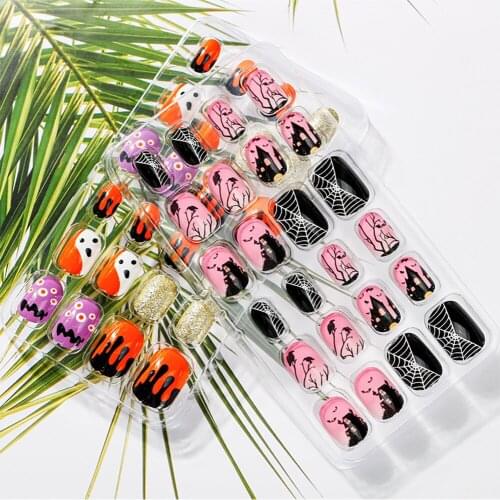 Punk Halloween Spider Web Press On Fire Full Cover Nail Art Decorations Fake Nail Tips Manicure Short False Nails