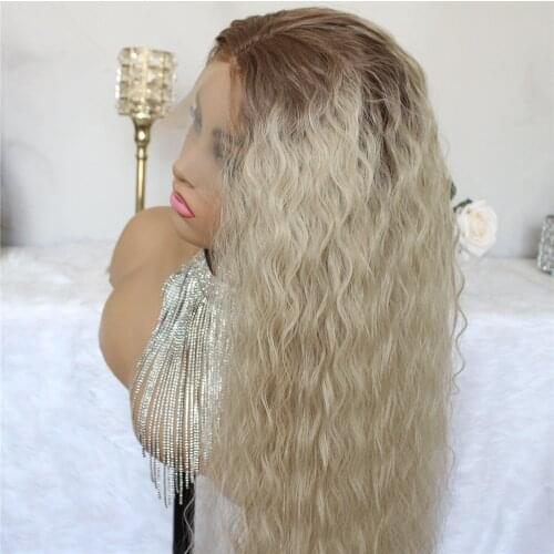 Ombre Brown Synthetic 13x4 Lace Front Wig Ash Blonde Deep Curly hair Platinum Long Transparent Lace Wigs for Women