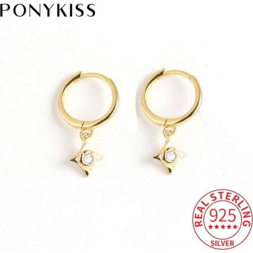 PONYKISS Genuine S925 Sterling Silver Geometric rhombu Zircon Hoop Earrings Women Party Delicate Elegant Accessory Romantic Gift