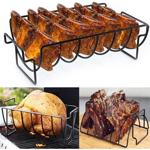 New BBQ Baske Non-Stick Stainless Steel Steak Rack Stand Holders Roasting Rib Rotisserie Kitchen Accessories Grilling BBQ Tools