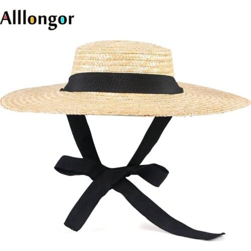 New Natural Wheat Straw Hat For Women 2021 Summer 12cm Wide Brim Sun Protection Visor Sunhat Beach Black Ribbon Boater Hat Derby