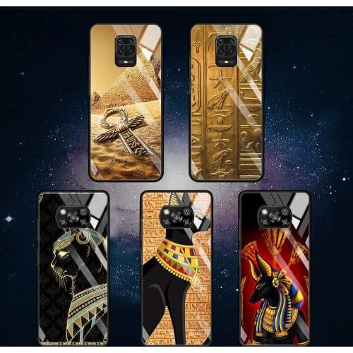 Glass Case for Xiaomi Redmi Note 9S 10 8 Pro 9 9C 9T Poco X3 NFC 11 10T Lite Movil Luxury Smartphone Cover Egypt Anubis Ankh Cat