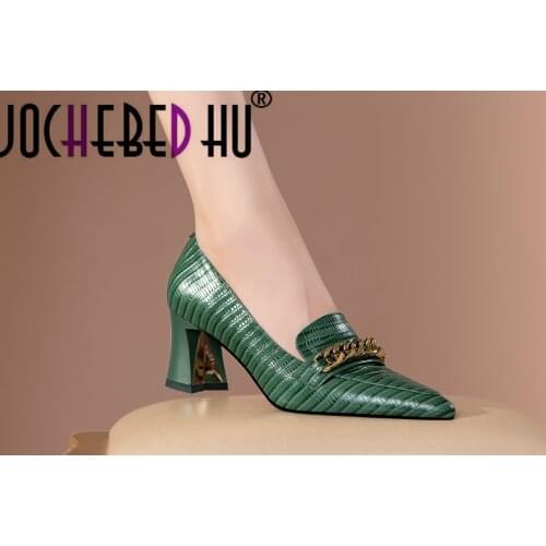 【JOCHEBED HU】Retro Shallow Shoes Woman Square Toe High Heels Pumps Genuine Leather Metal Decoration Night Club Party Women'34-42