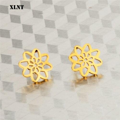 XLNT Vintage Stud Earrings for Women Gold Color Flower Stone Statement Brincos Jewelry 2019 NEW