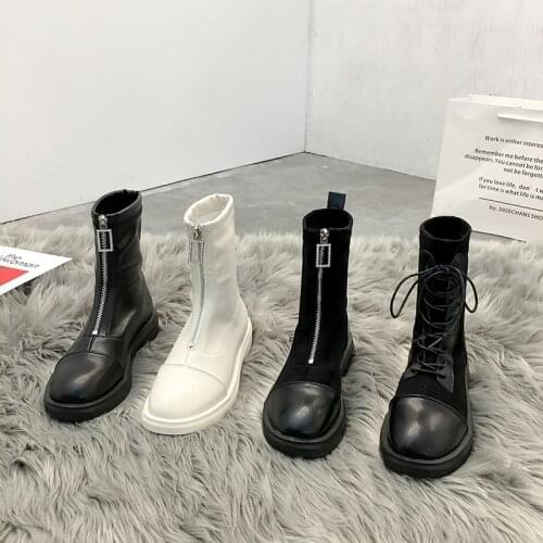 Womens shoes ankle boots 2020 autumn and winter new fashion low-heel round toe stitching front zipper motorcycle boots