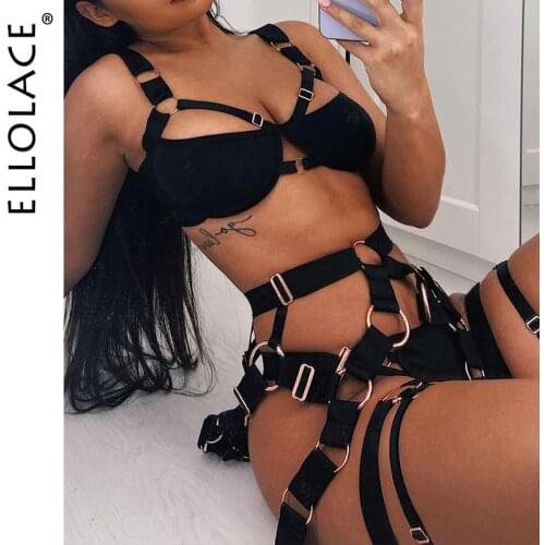 Ellolace Sensual Lingeire Goth Womens Underwear Set Black Hollow Out Splicing Brief 3 Piece Underwire Bra Garters Bilizna Set