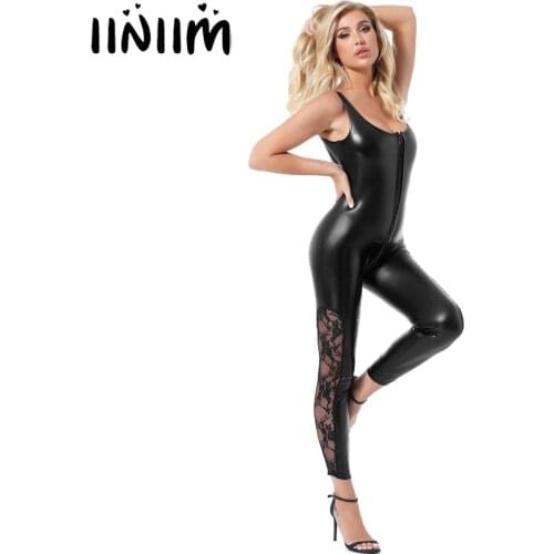 Womens Latex Catsuit Patent Leather Zipper Jumpsuits Clubwear See-through Floral Lace Patchwork Sleeveless Leotard Bodysuit