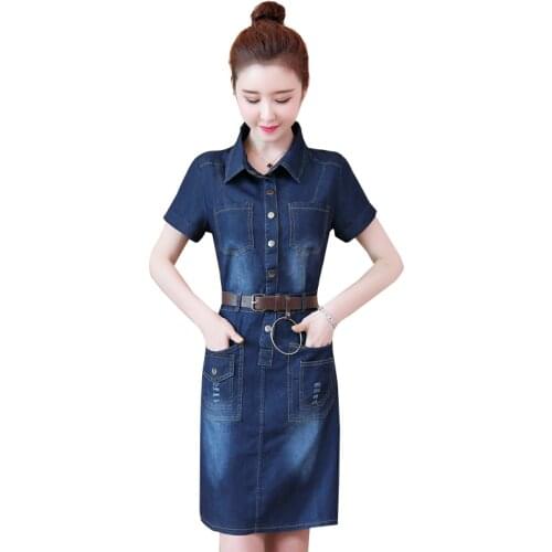 Fashion Trend Women Casual Denim Dress Vintage Jeans Dresses With Belt 2020Summer Short Sleeve OL Ladies Mini Dress Vestidos 258