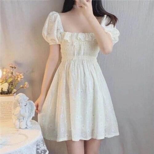 Fernan Floral Dresses Women Sexy Ruffles Puff Sleeves Dress Summer Princess Robe Vintage Square Neck Slim Waist Pleated Dresses