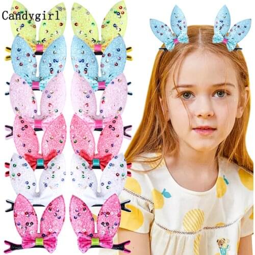 1Pairs New Sequin Easter Rabbit Ears Hair Clips for Girls Bunny Cute Bow Glitter Hairpins Kids Party Wholesales Hair Accessories
